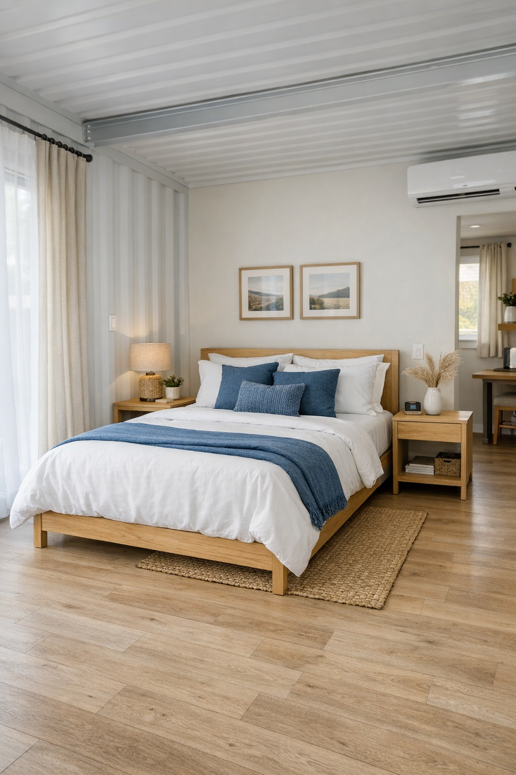 Calm bedroom with denim blue accents and simple accessible layout