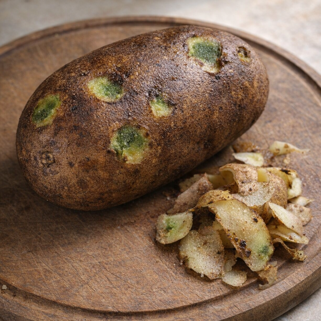 Potato with green skin and trimmed spoiled areas on a board