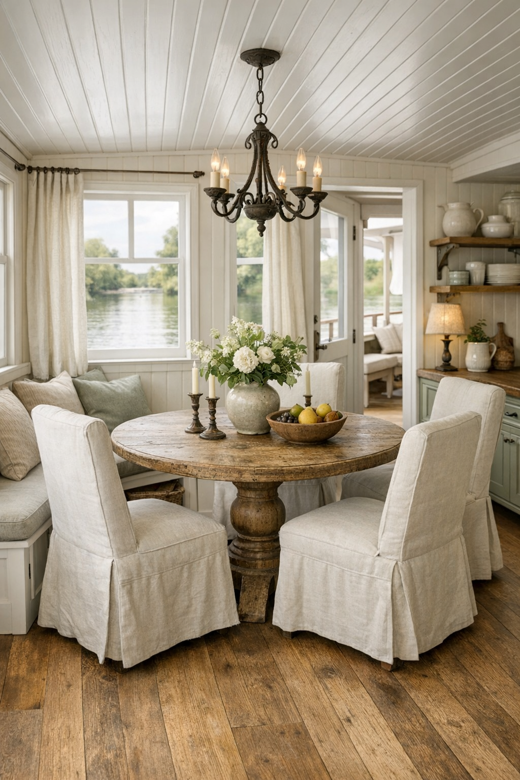 Round dining area with oak pedestal table and slipcovered chairs in a French country houseboat