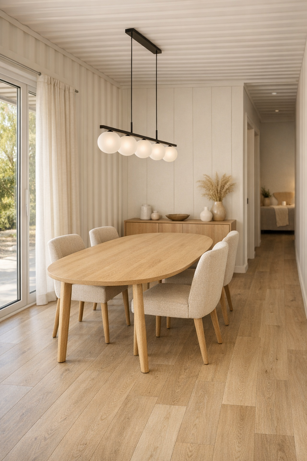 Light wood dining room with an oval table, upholstered beige chairs, and a frosted globe pendant