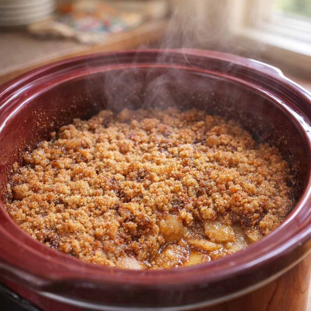 Freshly cooked apple brown betty in the slow cooker