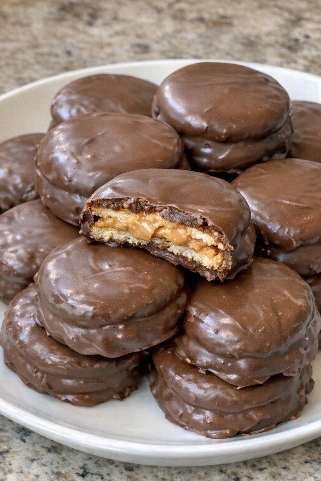 Chocolate-coated peanut butter cracker sandwiches stacked on a white platter