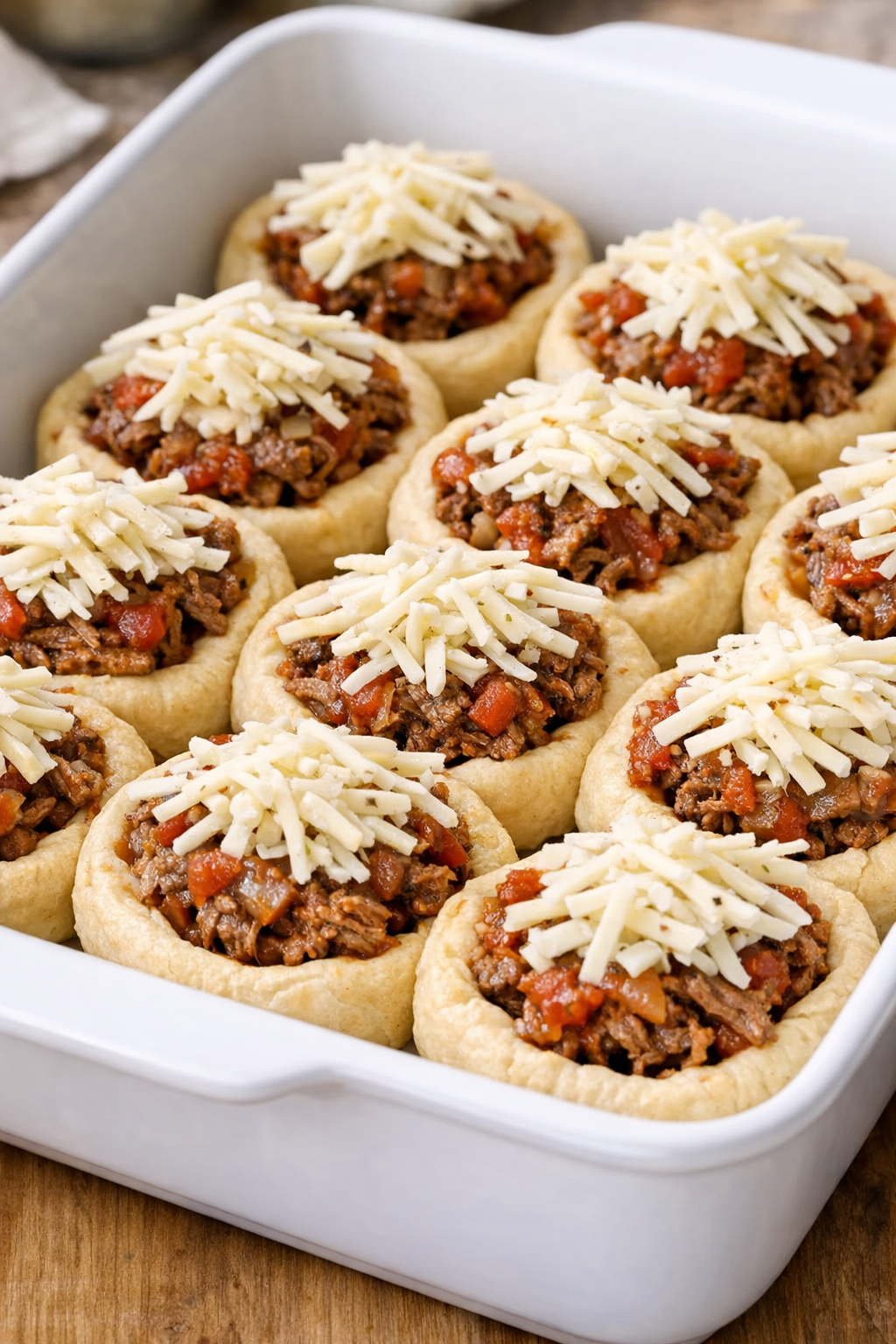 Beef and cheese topped crescent rounds before baking
