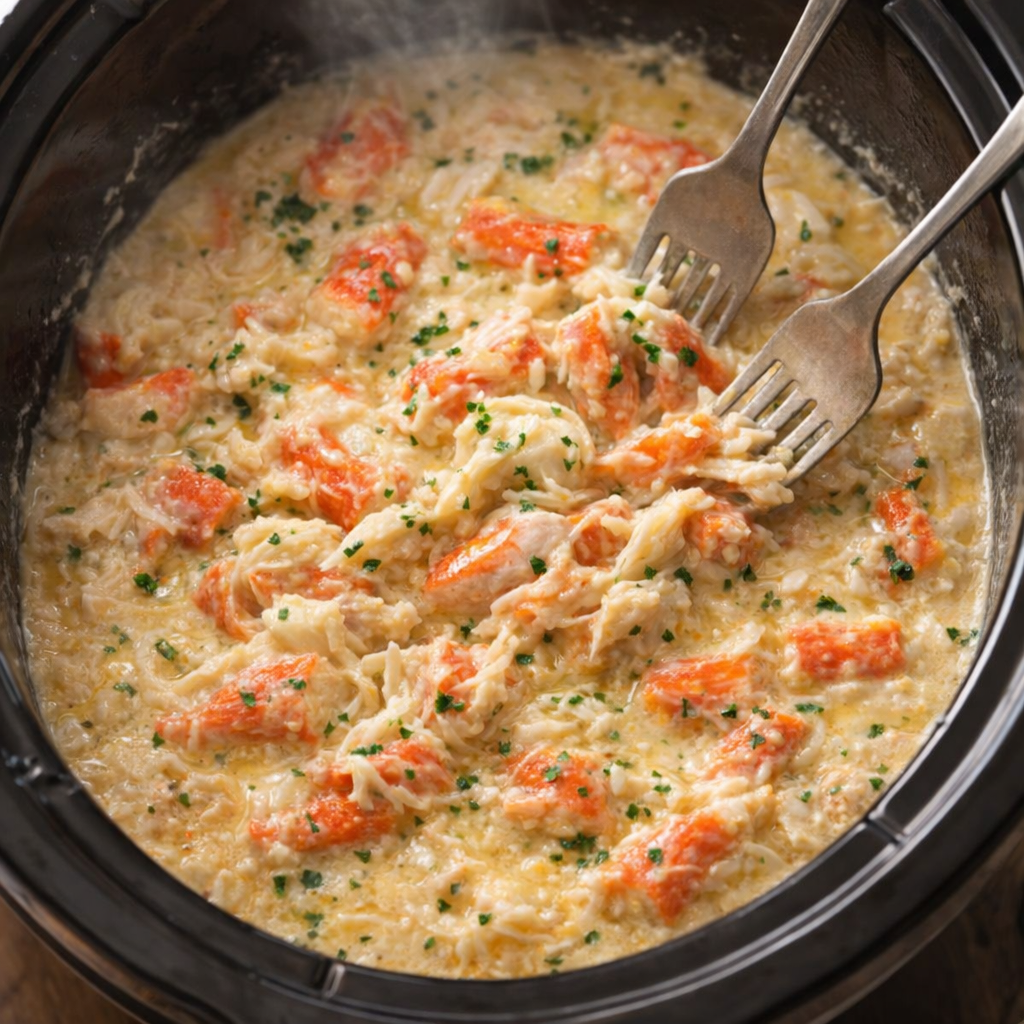 Cooked imitation crab being gently broken into creamy strands