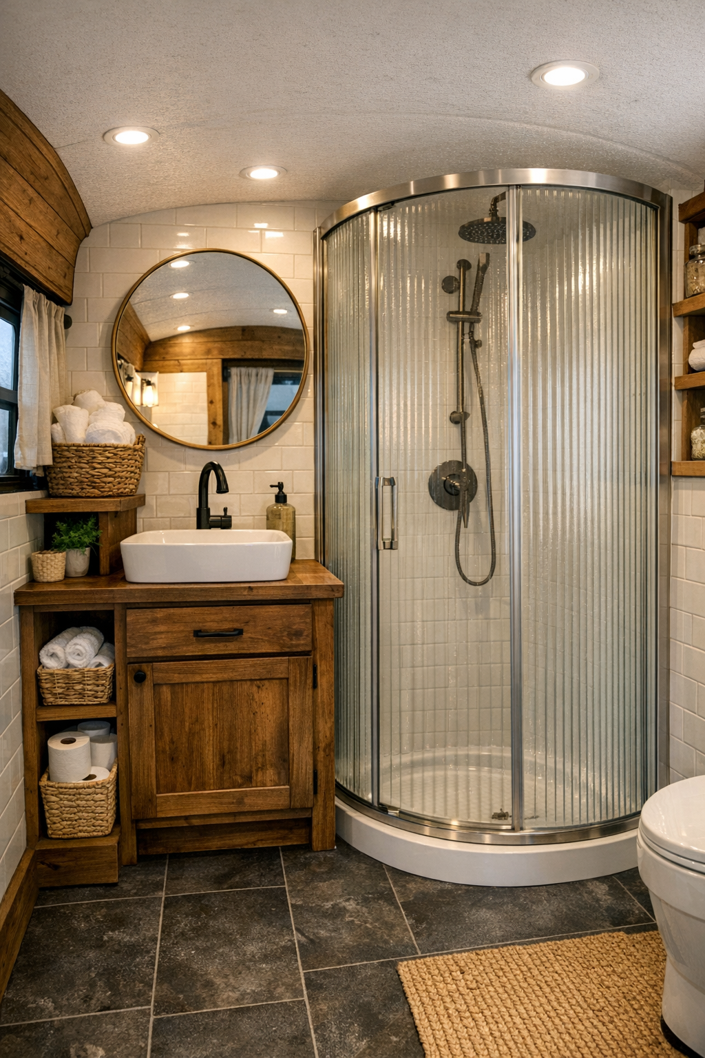 Compact converted bus bathroom with fluted glass shower and wood vanity