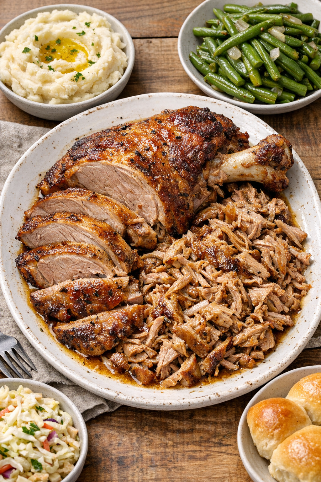 Finished slow cooker pork picnic roast on a serving platter