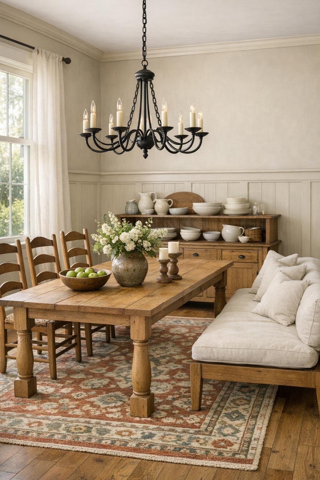 Inviting farmhouse dining room with an oak table, mixed seating, and paneled walls in a soft putty tone