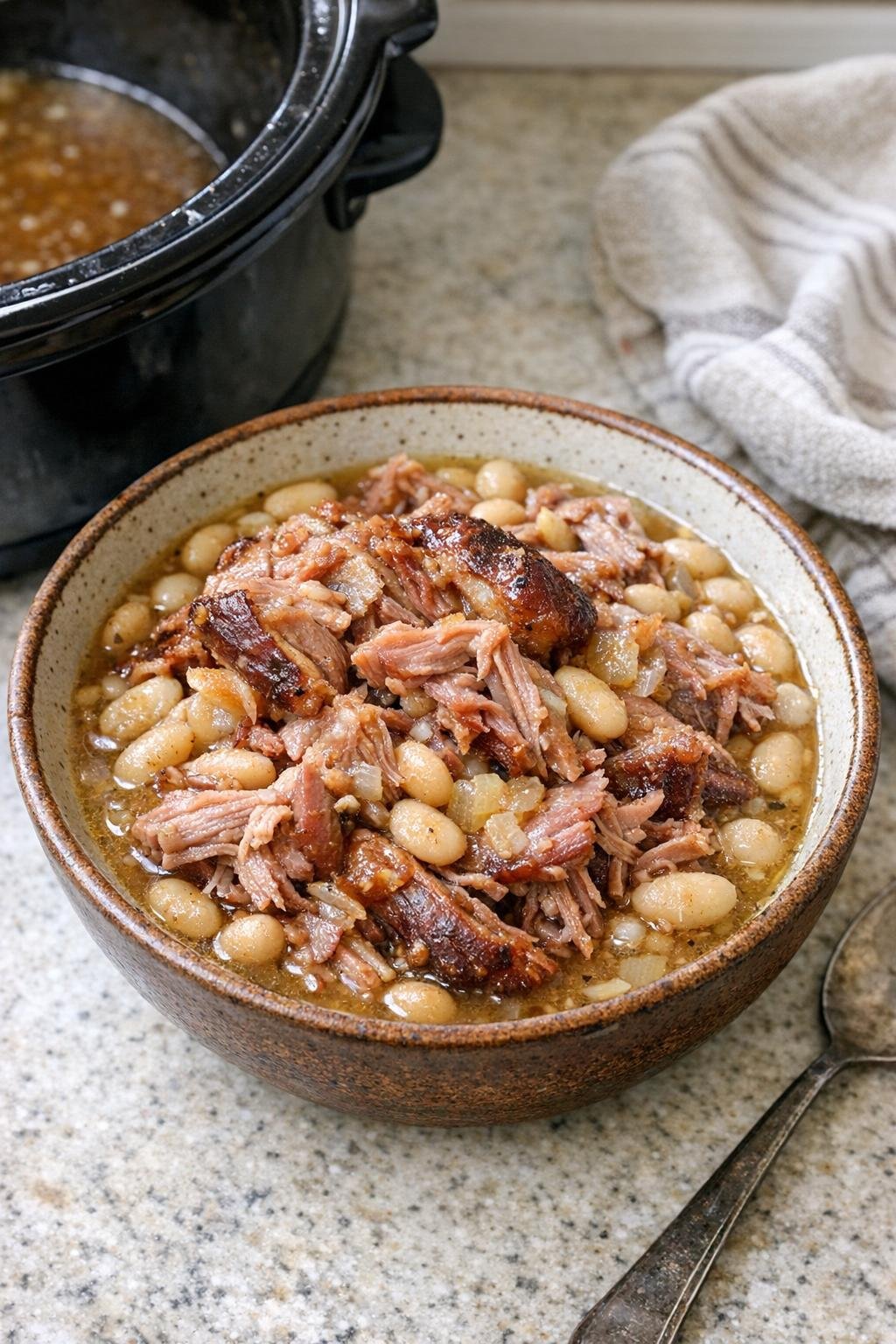 Finished ham and beans in a rustic bowl