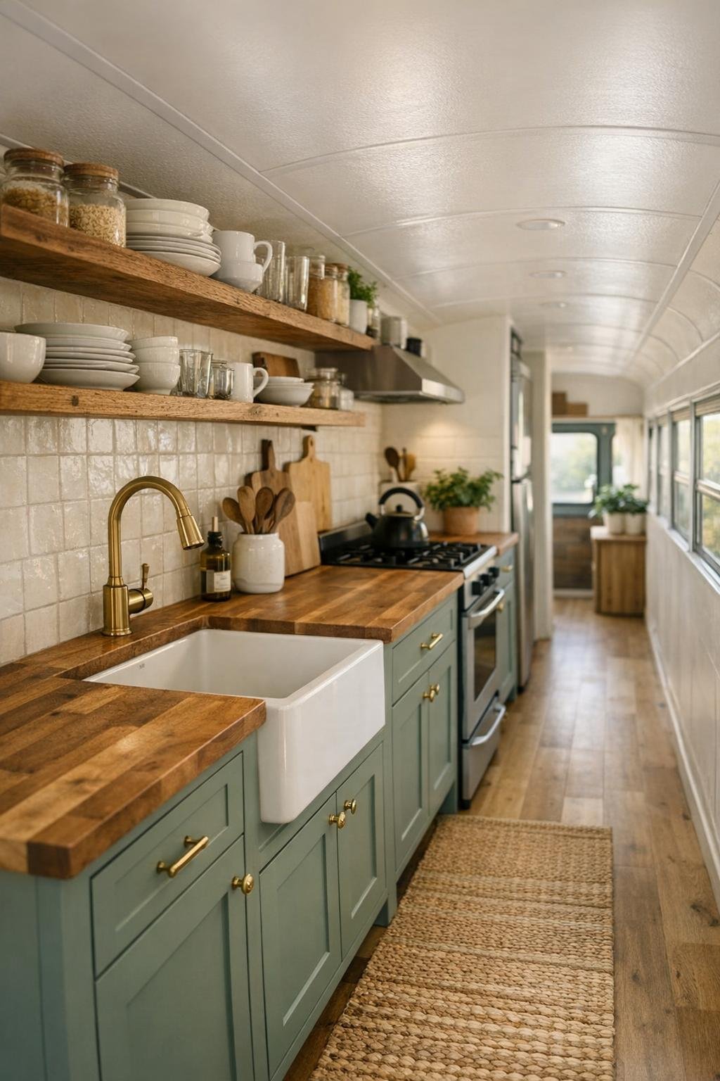 Efficient bus kitchen with butcher block counters, sage cabinets, and handmade tile