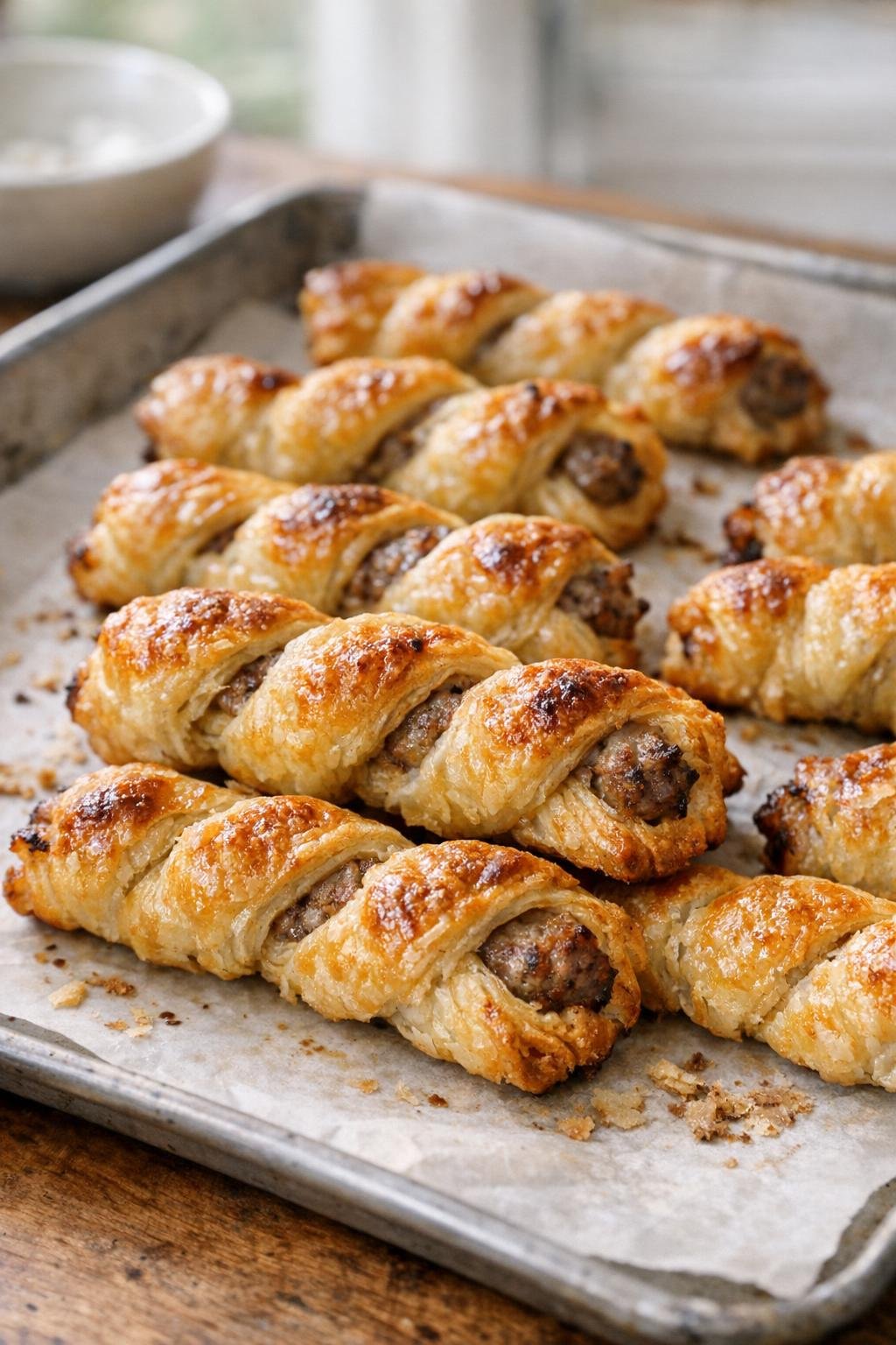 Baked golden sausage twists on baking sheet