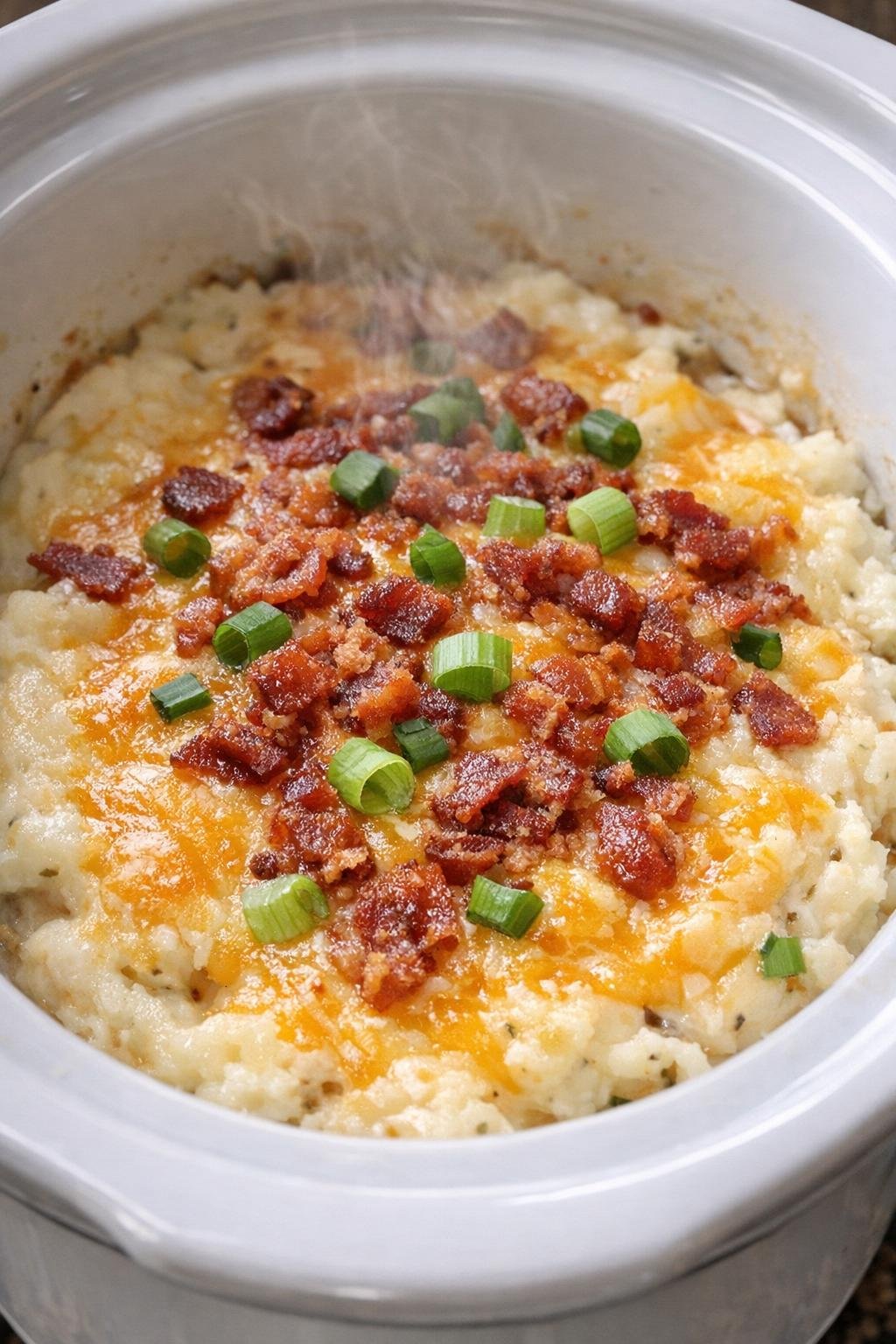 Slow cooker twice baked potato casserole in a white crock