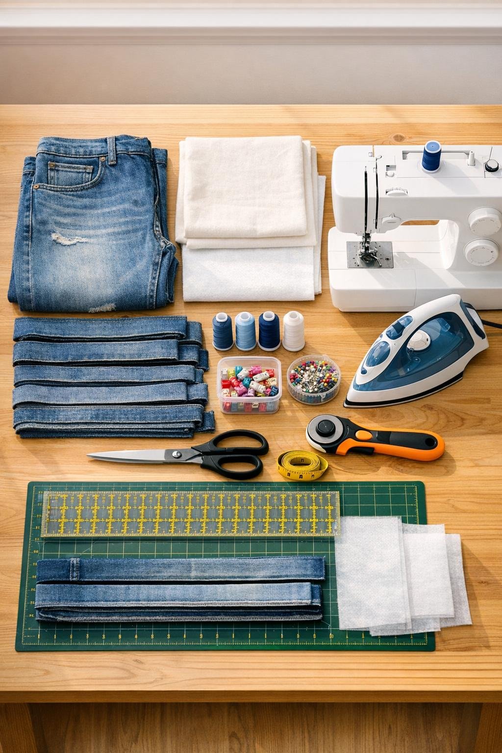 Old denim jeans, cut strips, lining fabric, interfacing, thread, clips, ruler, scissors, and sewing tools laid out for basket making