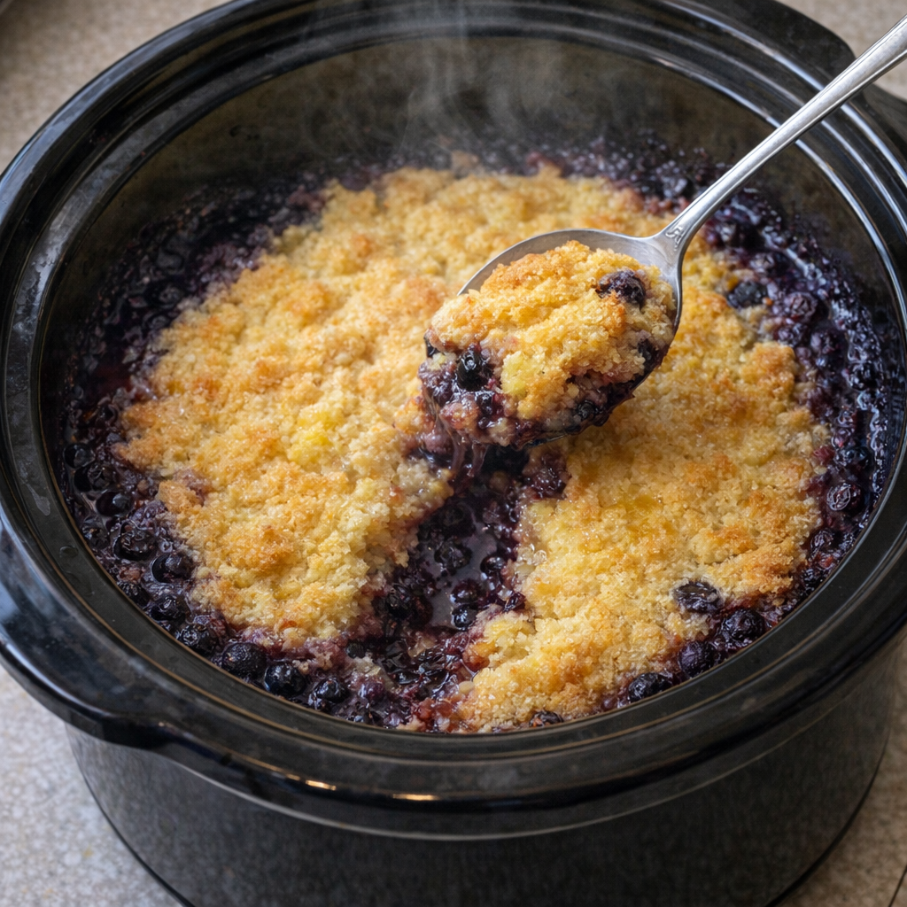 Freshly cooked lemon blueberry dump cake inside the slow cooker