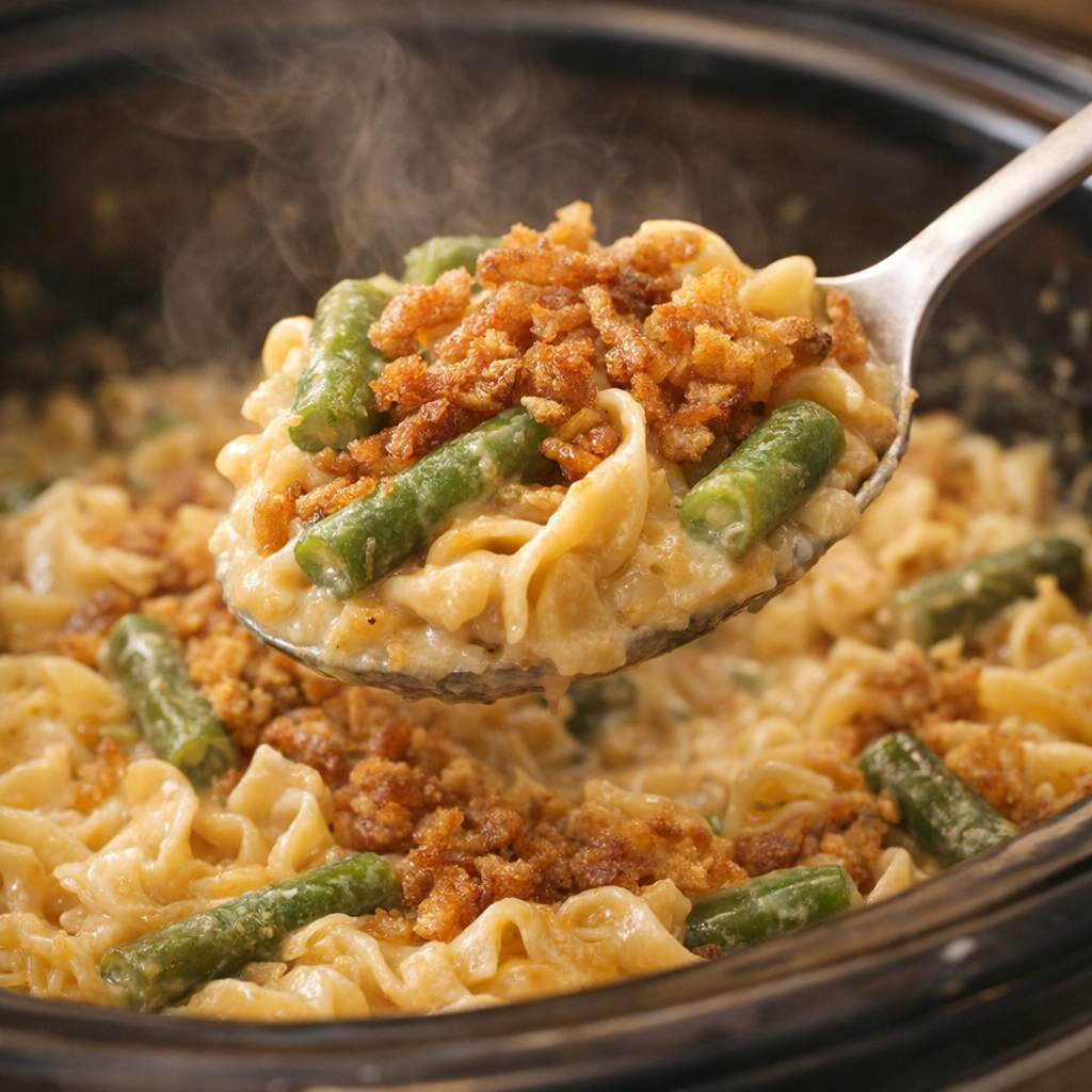 A spoonful of casserole lifted from the crock