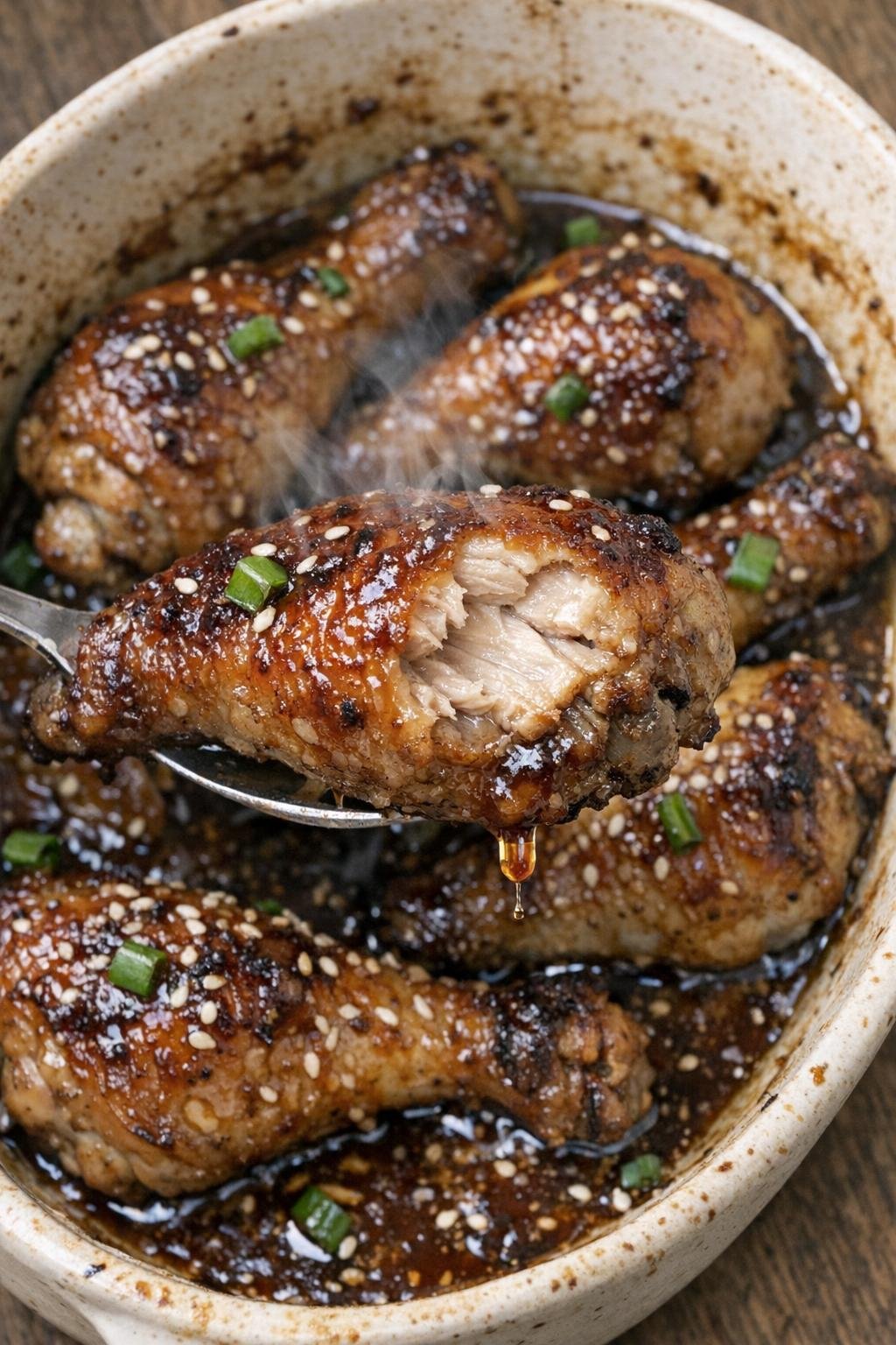 Tender glazed chicken drumsticks in an oval baking dish