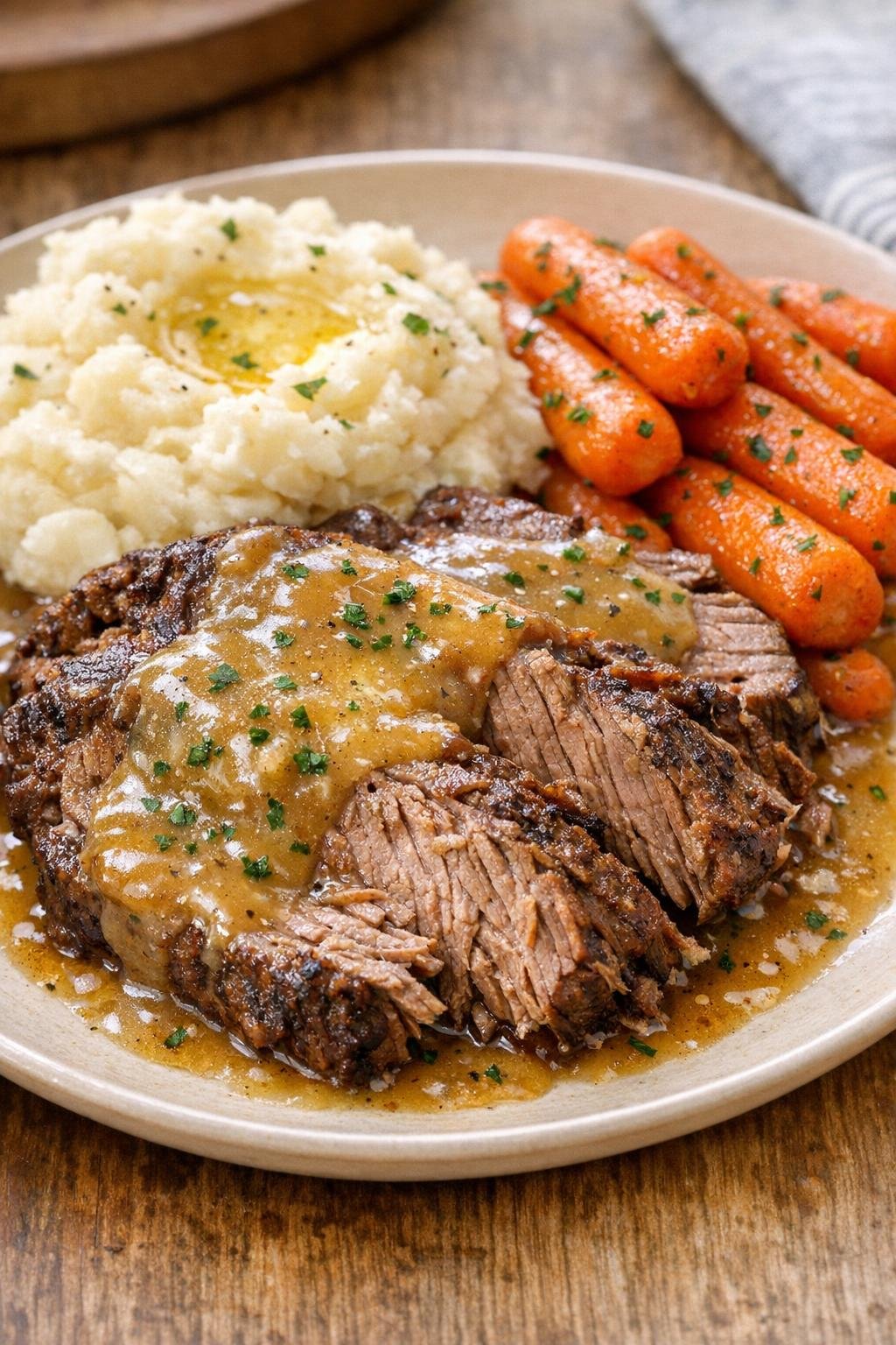 Finished slow cooker beef roast plated with gravy