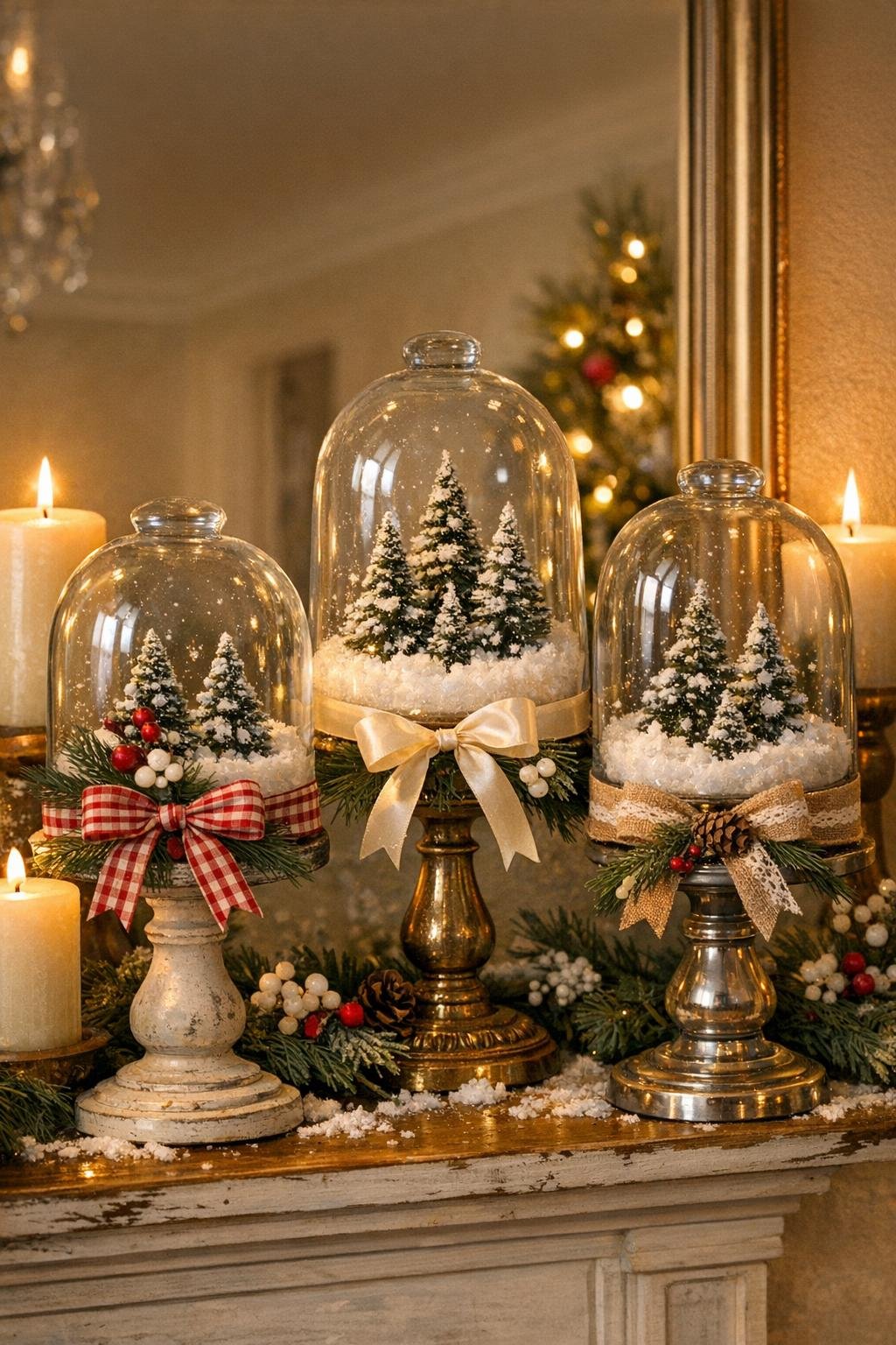 Finished snow globe cloches displayed together for holiday decor