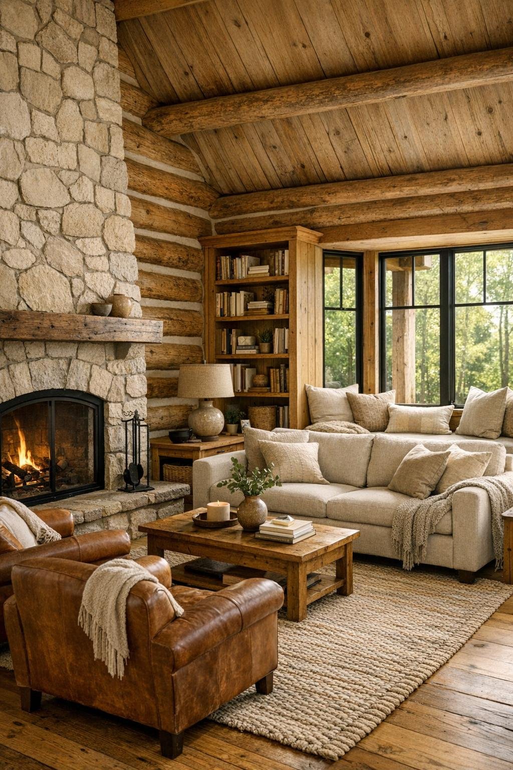 Rustic log home living room with a window-seat reading corner and stone fireplace