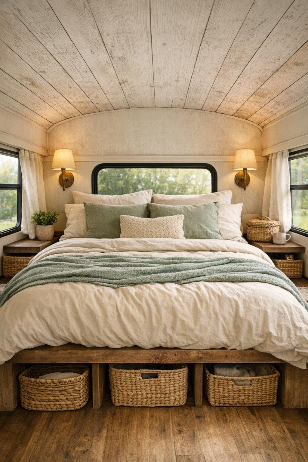 Peaceful bus bedroom with raised platform bed and soft layered bedding