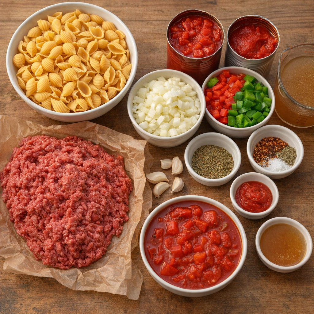 Ingredients laid out for shell pasta skillet supper