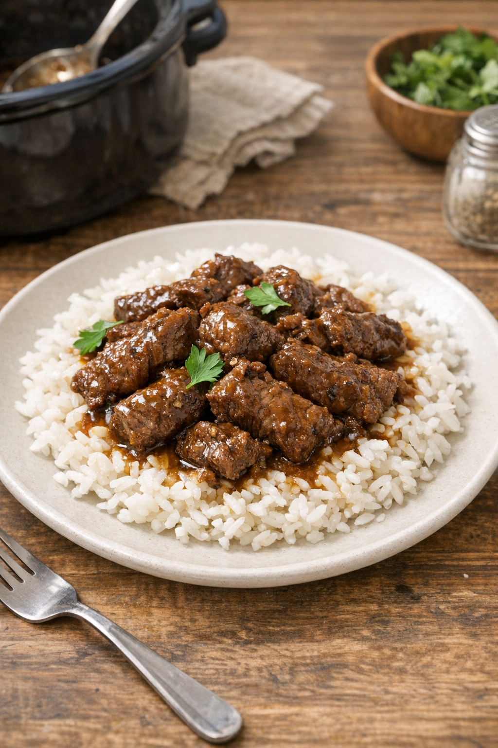 Finished slow cooker beef served over rice