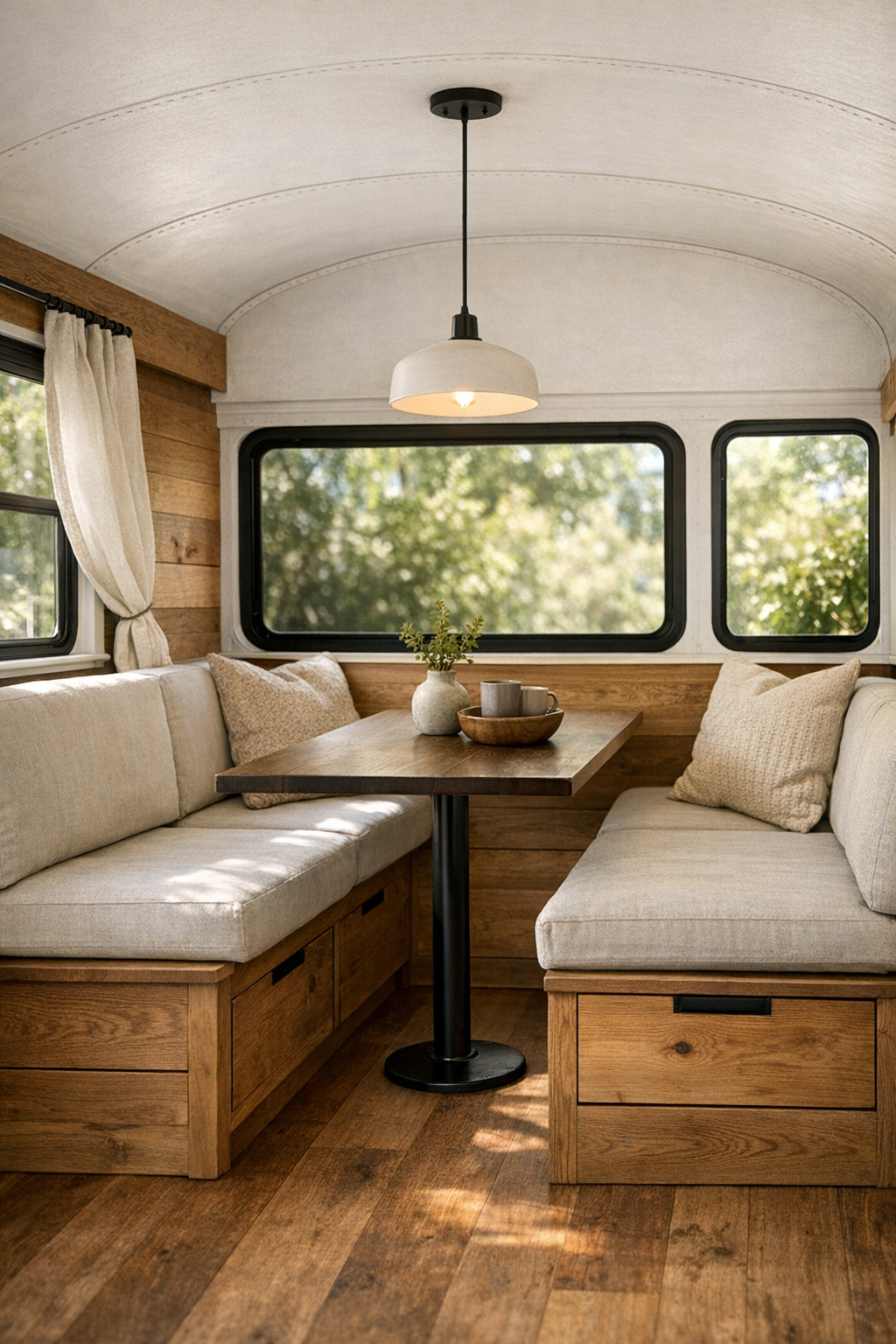 Compact dining nook with banquette seating inside the converted bus