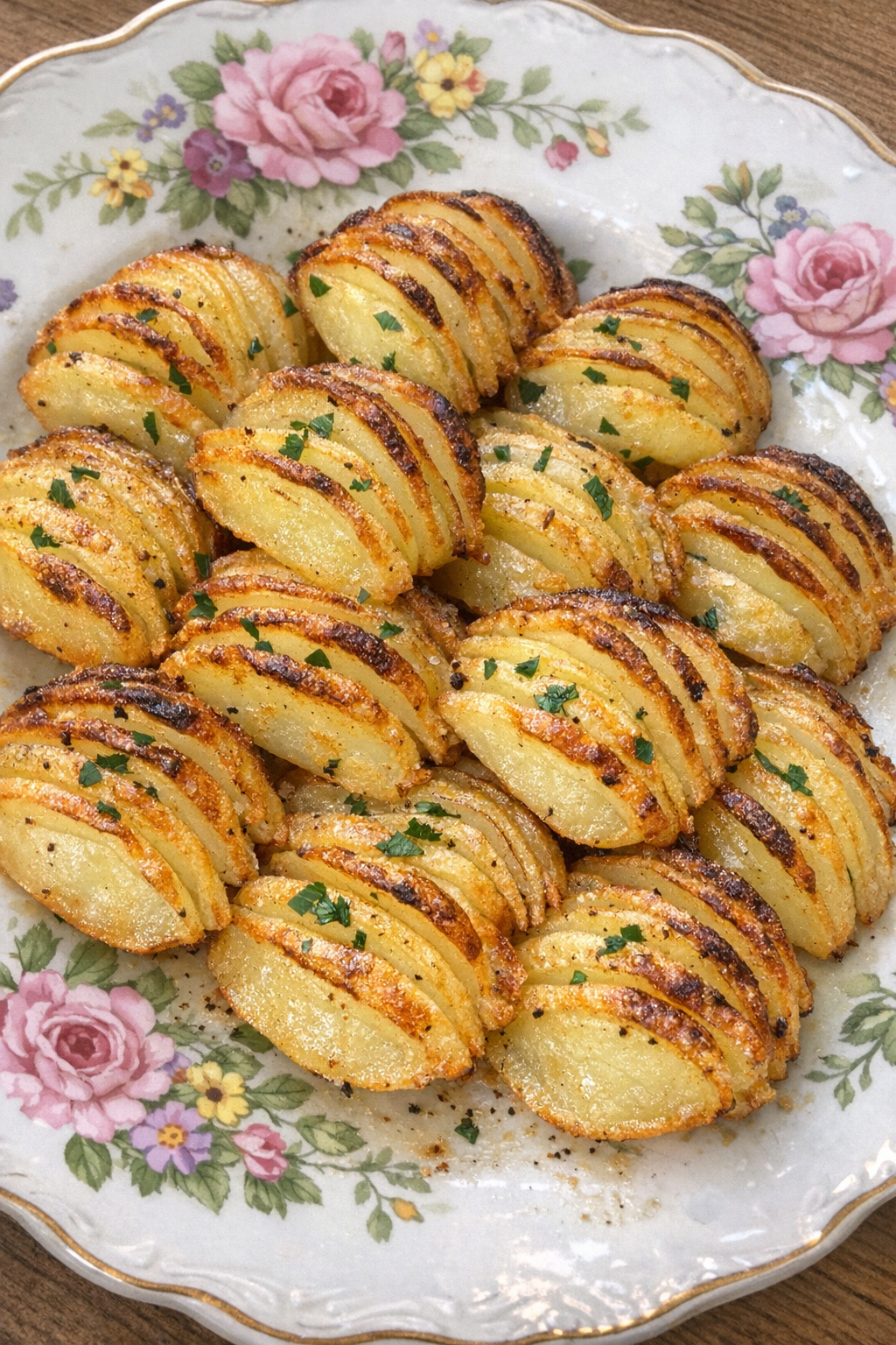 Buttery potato fans with golden crispy edges on a floral platter