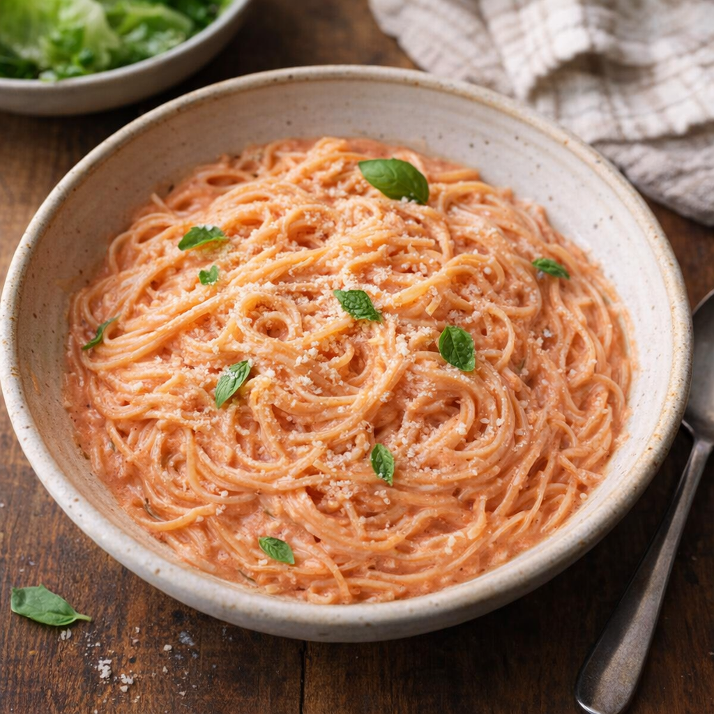 Slow cooker angel hair served in a rustic bowl
