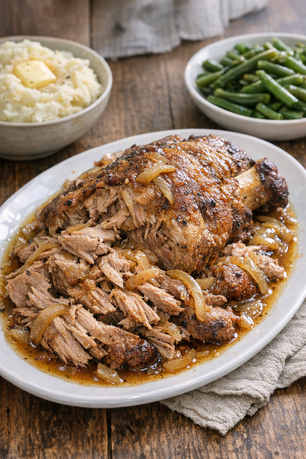 Finished slow cooker pork picnic roast plated with its juices