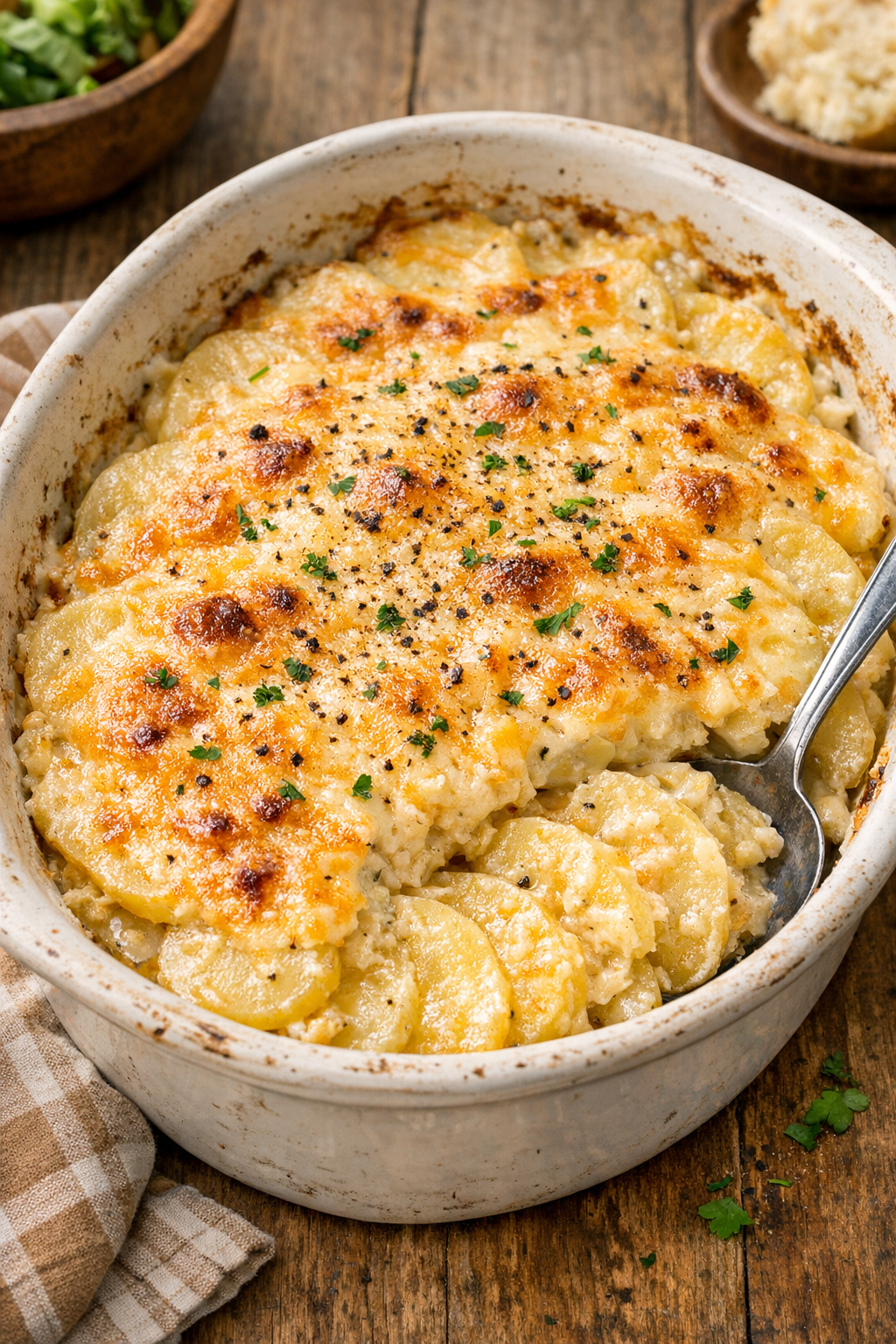 Finished Amish potato bake in a serving dish