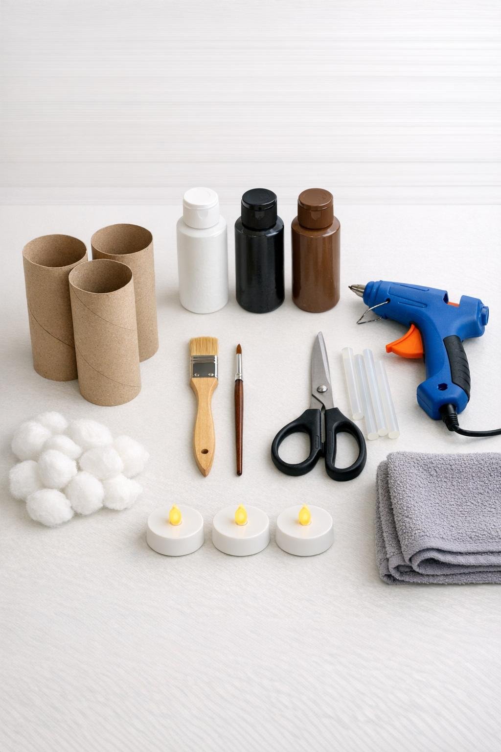Materials for faux birch log candle holders laid out on a table