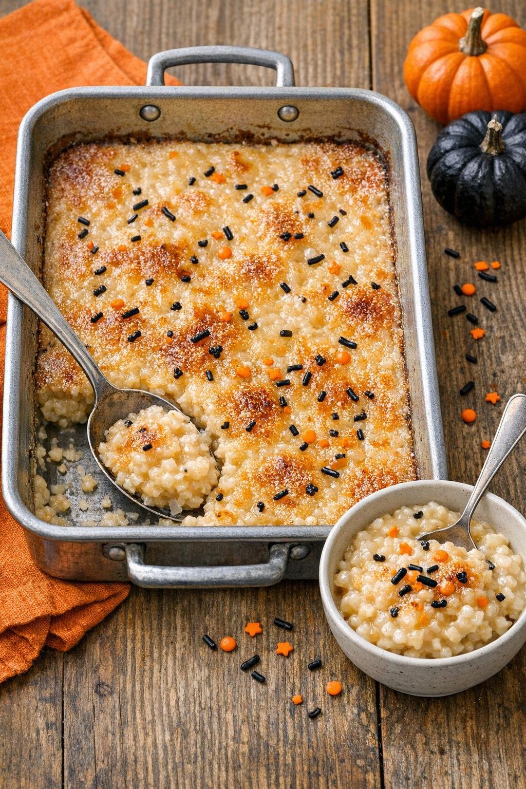 Finished baked tapioca dessert in a rustic baking dish