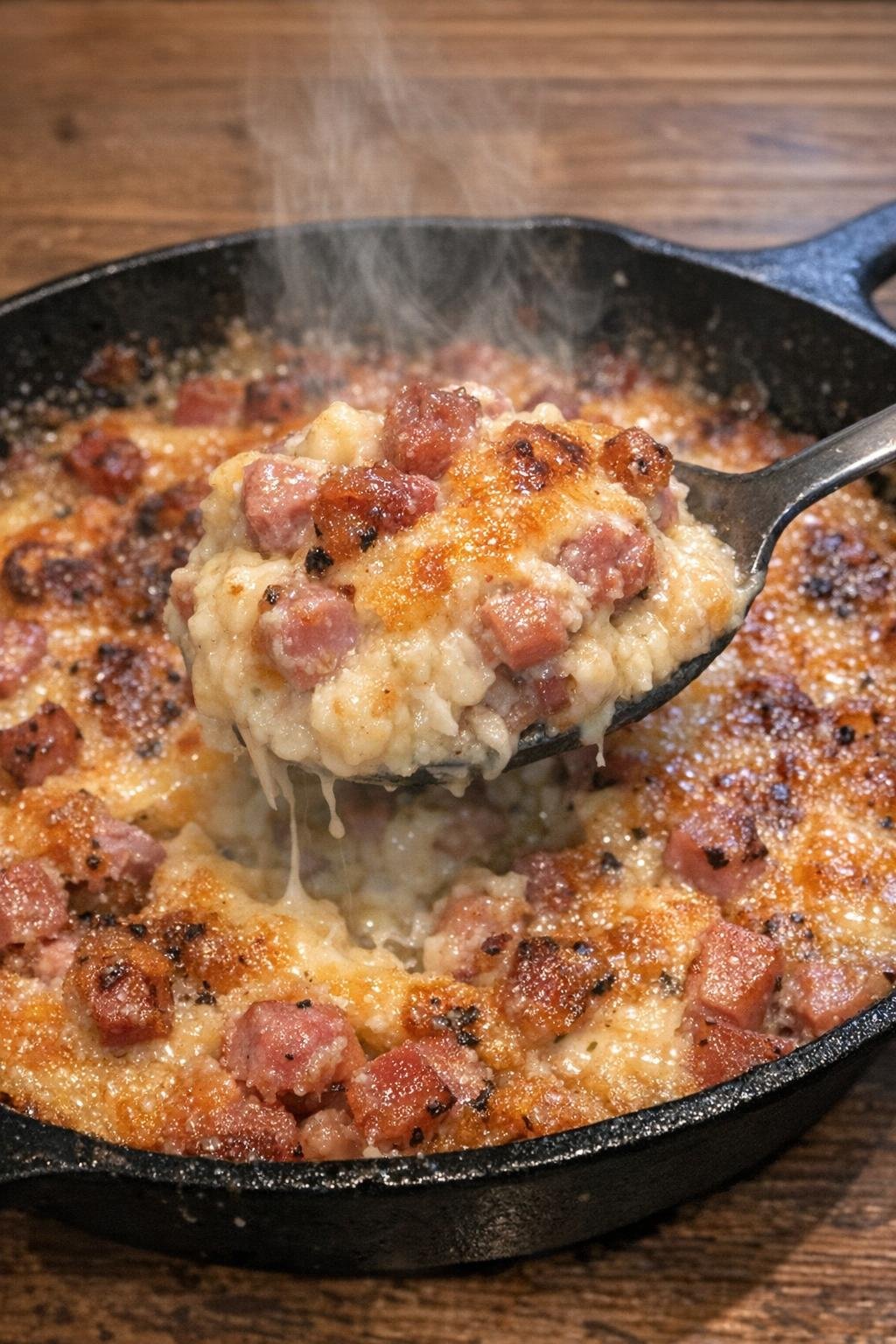 Crispy diced ham and bubbling cheese in a cast iron skillet