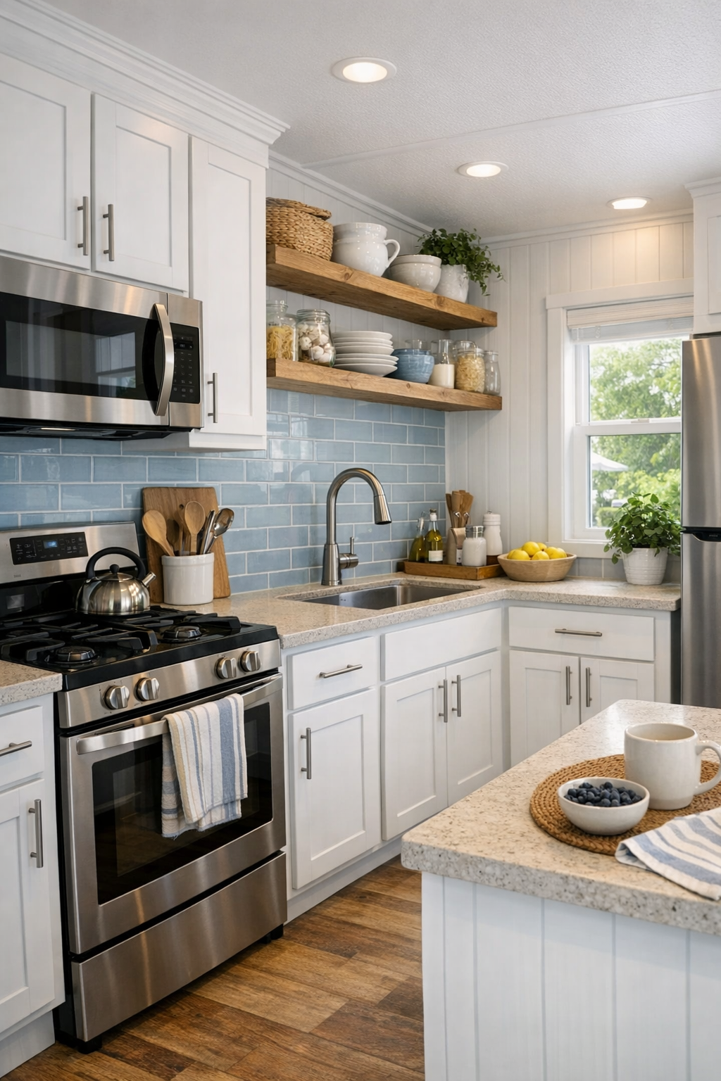 Compact coastal kitchen with white shaker cabinets, pale counters, and blue accents