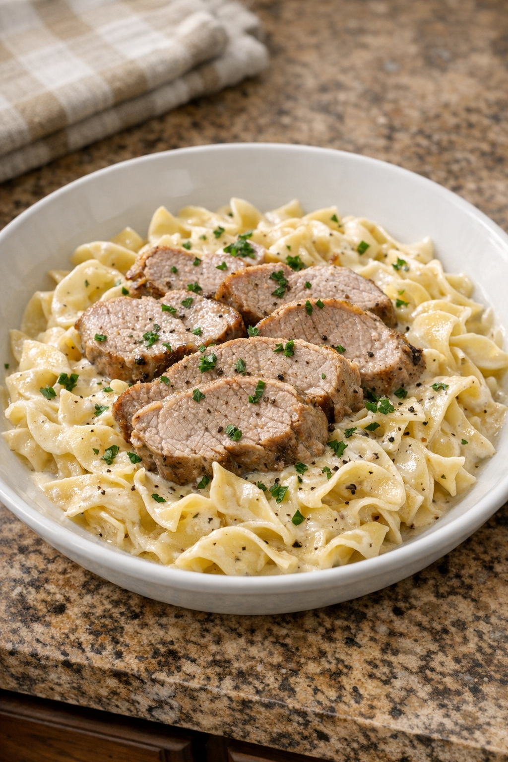 Creamy sliced pork pasta plated in a shallow bowl