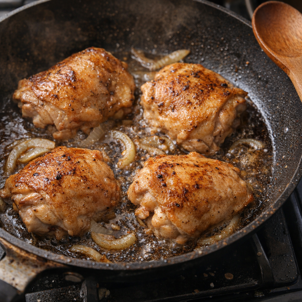 Chicken thighs browning in a skillet