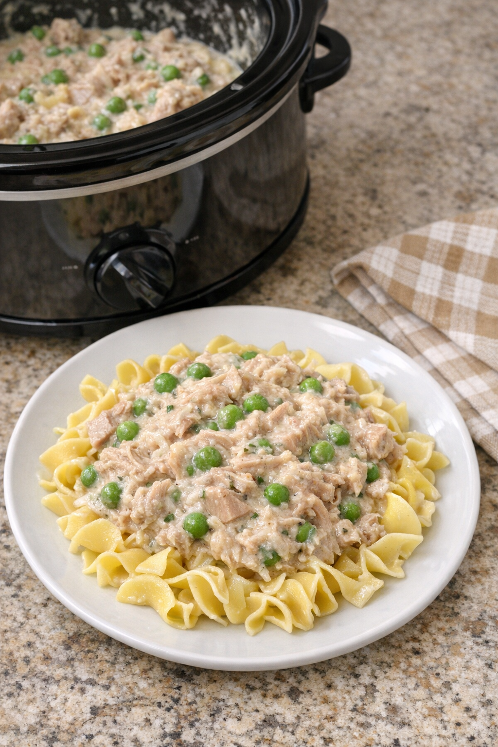 Finished slow cooker tuna served over noodles