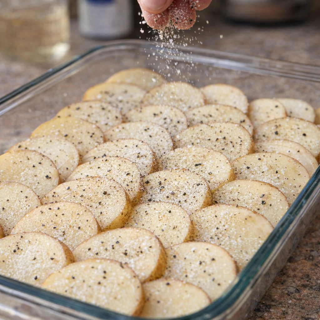 Raw potato coins being seasoned in a glass baking dish