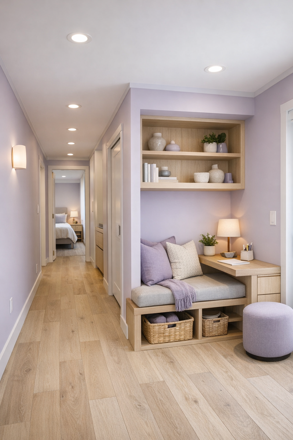Thoughtful hallway and flex area with built-in storage, soft lighting, and clean accessible layout