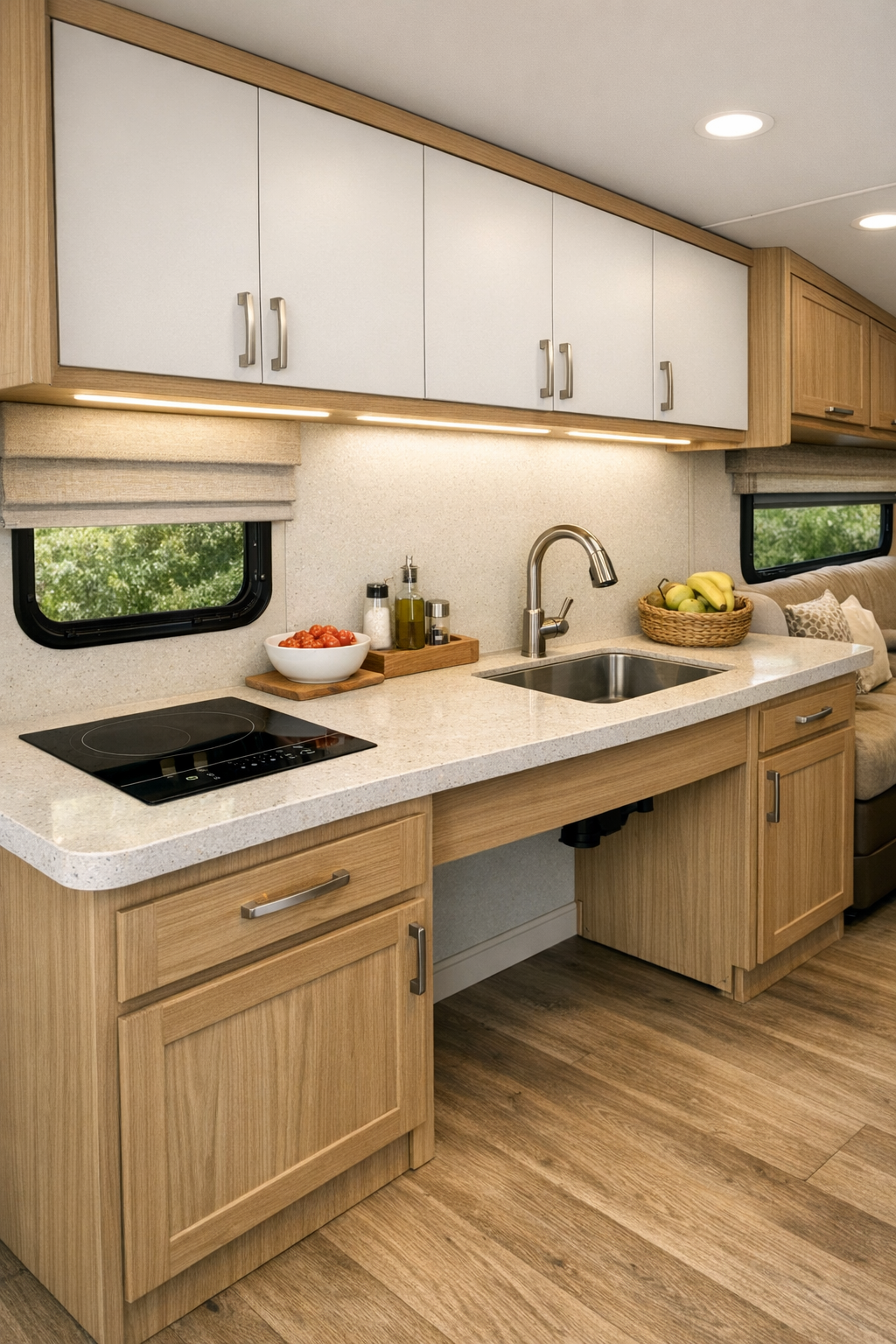 Modern accessible RV camper kitchen with pale stone counters and light wood cabinetry