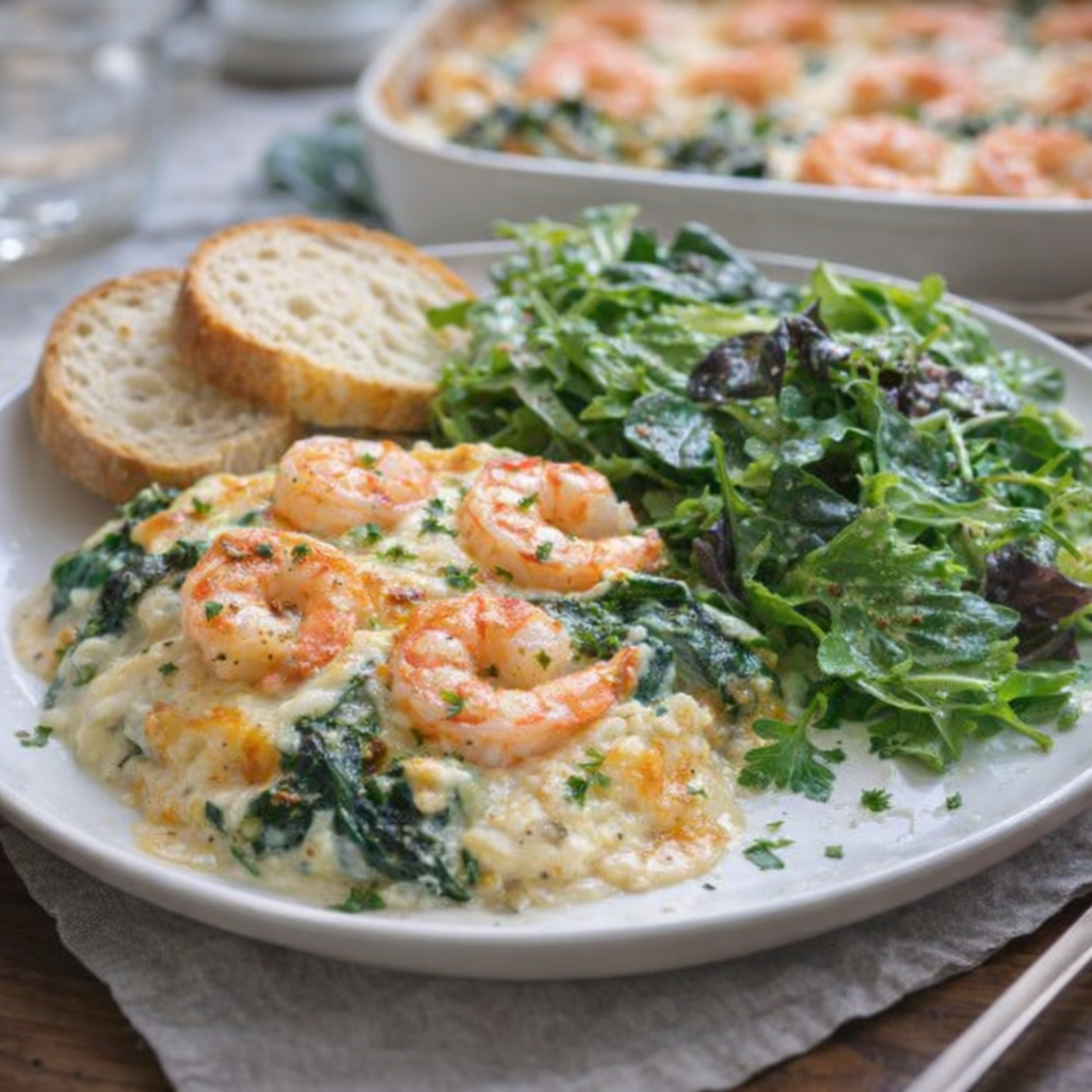 Shrimp gratin served with salad and bread