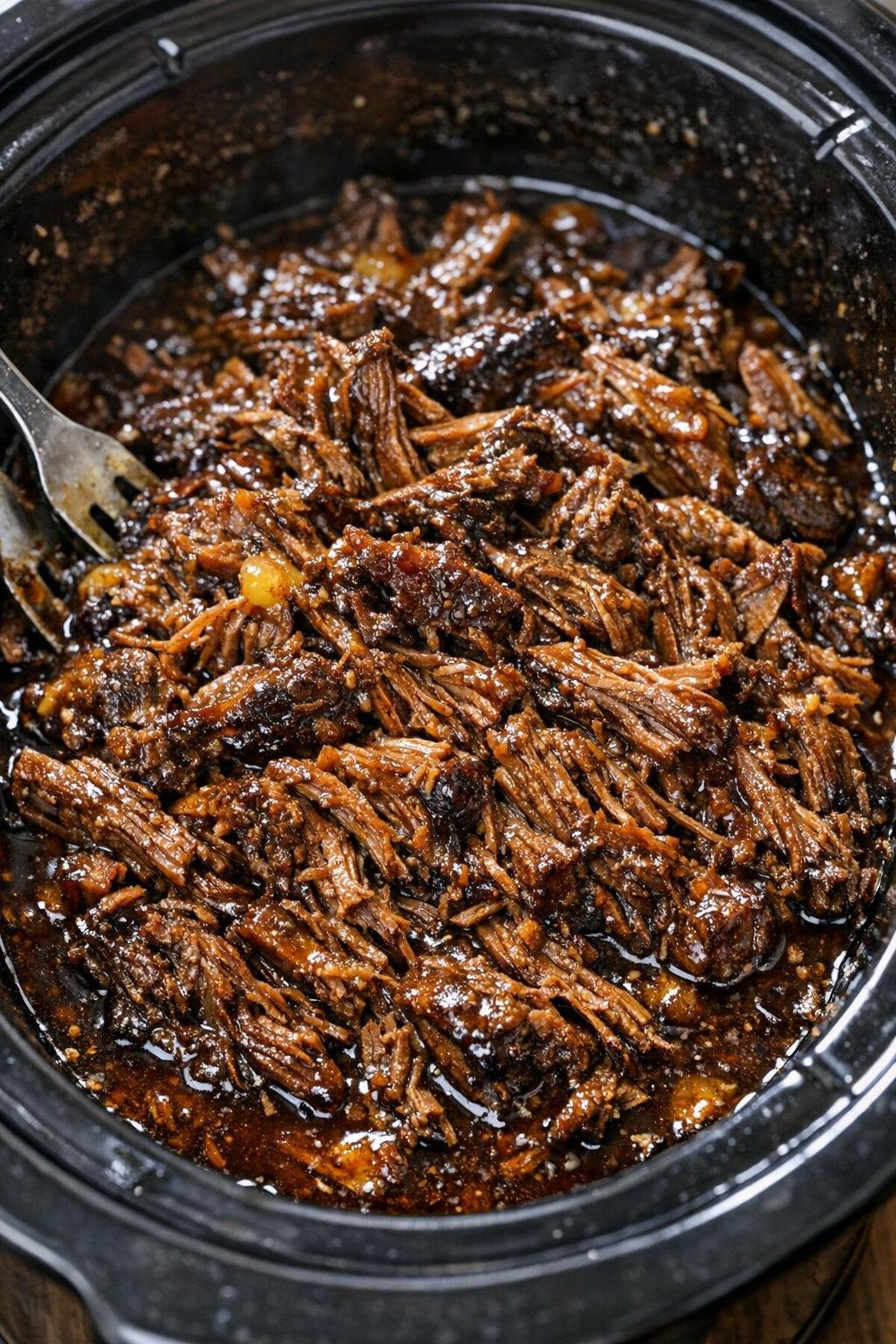 Slow cooker beef roast in glossy dark amber glaze