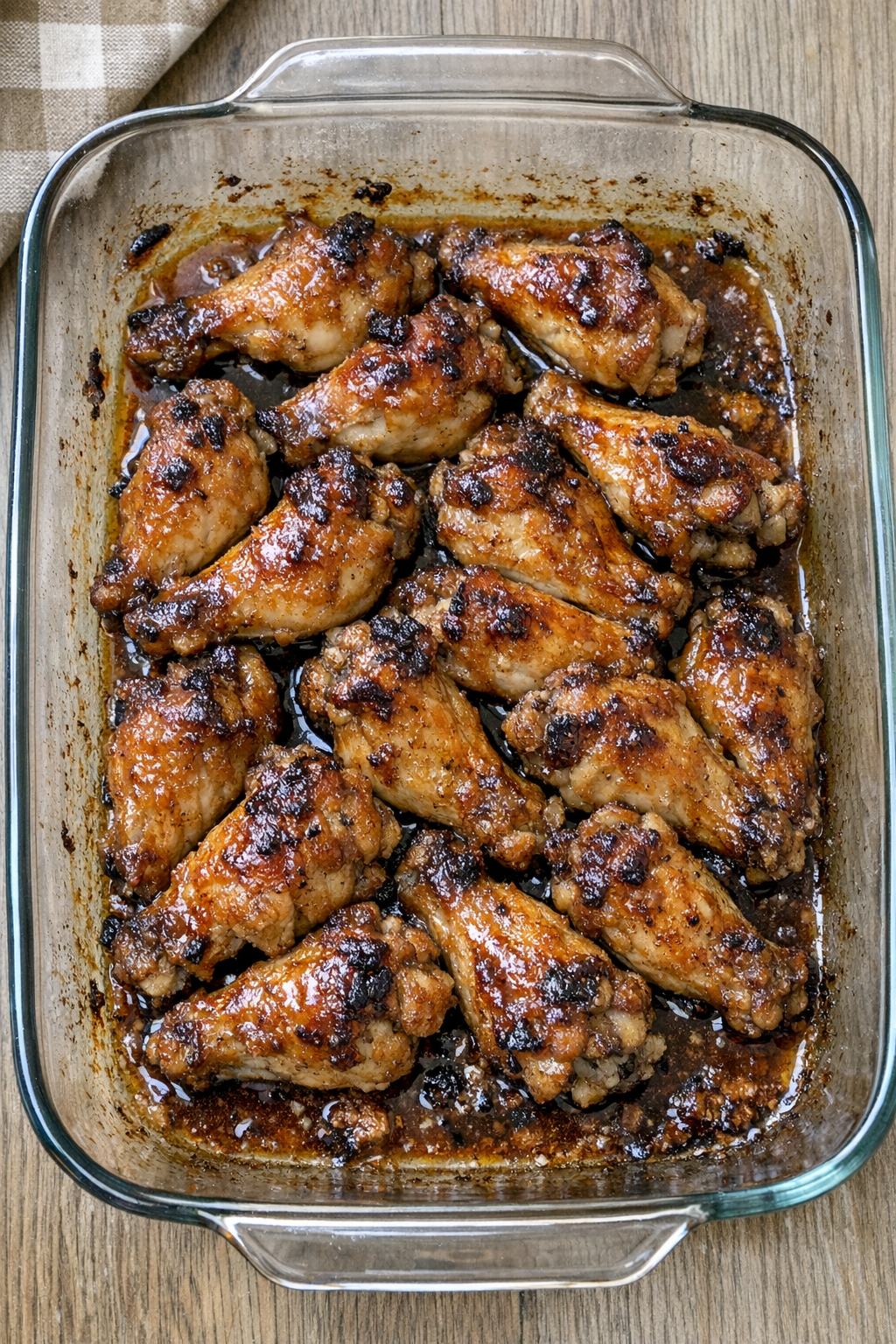 Finished baked chicken wings in a glass casserole dish
