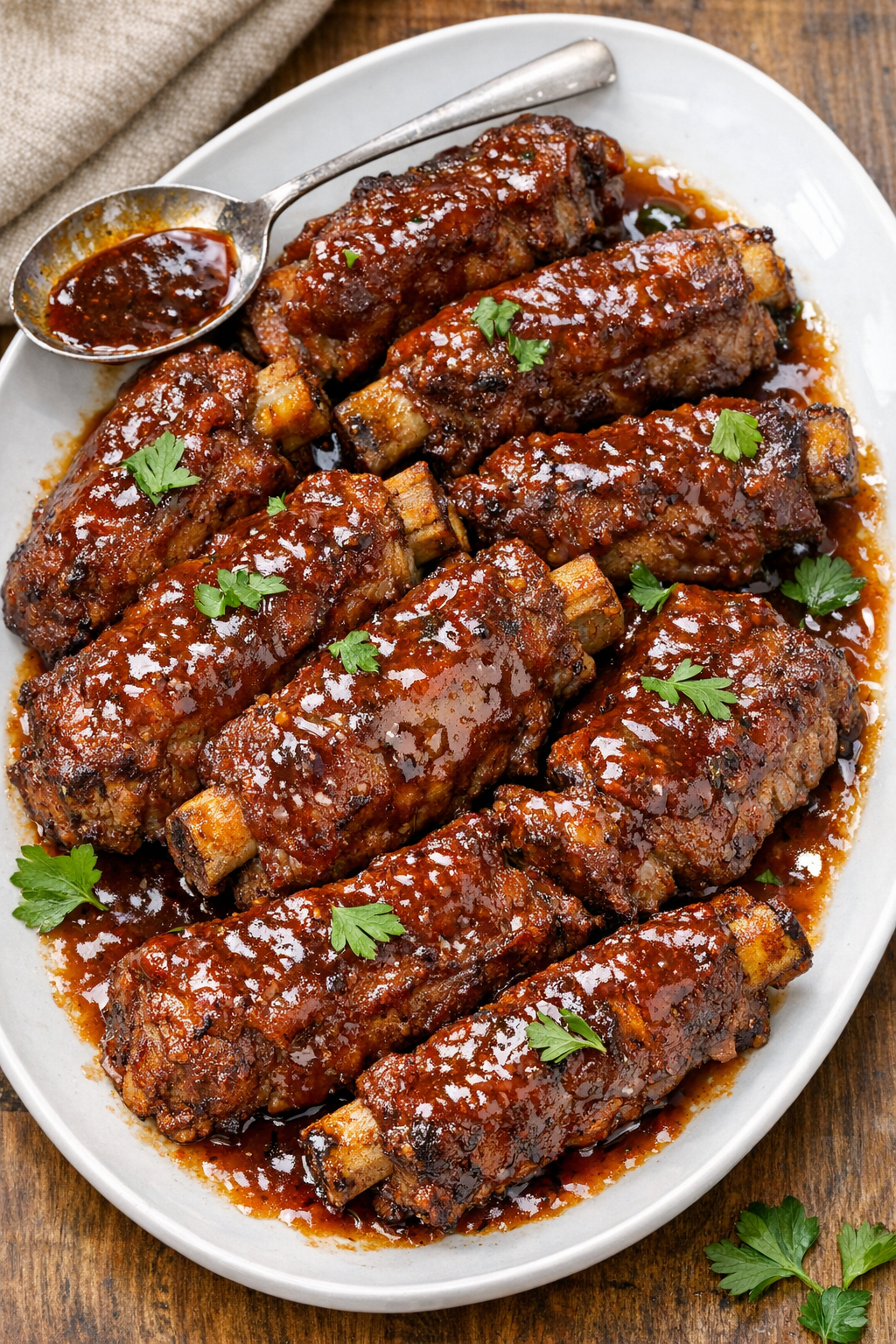 Finished slow cooker country-style ribs plated with sauce