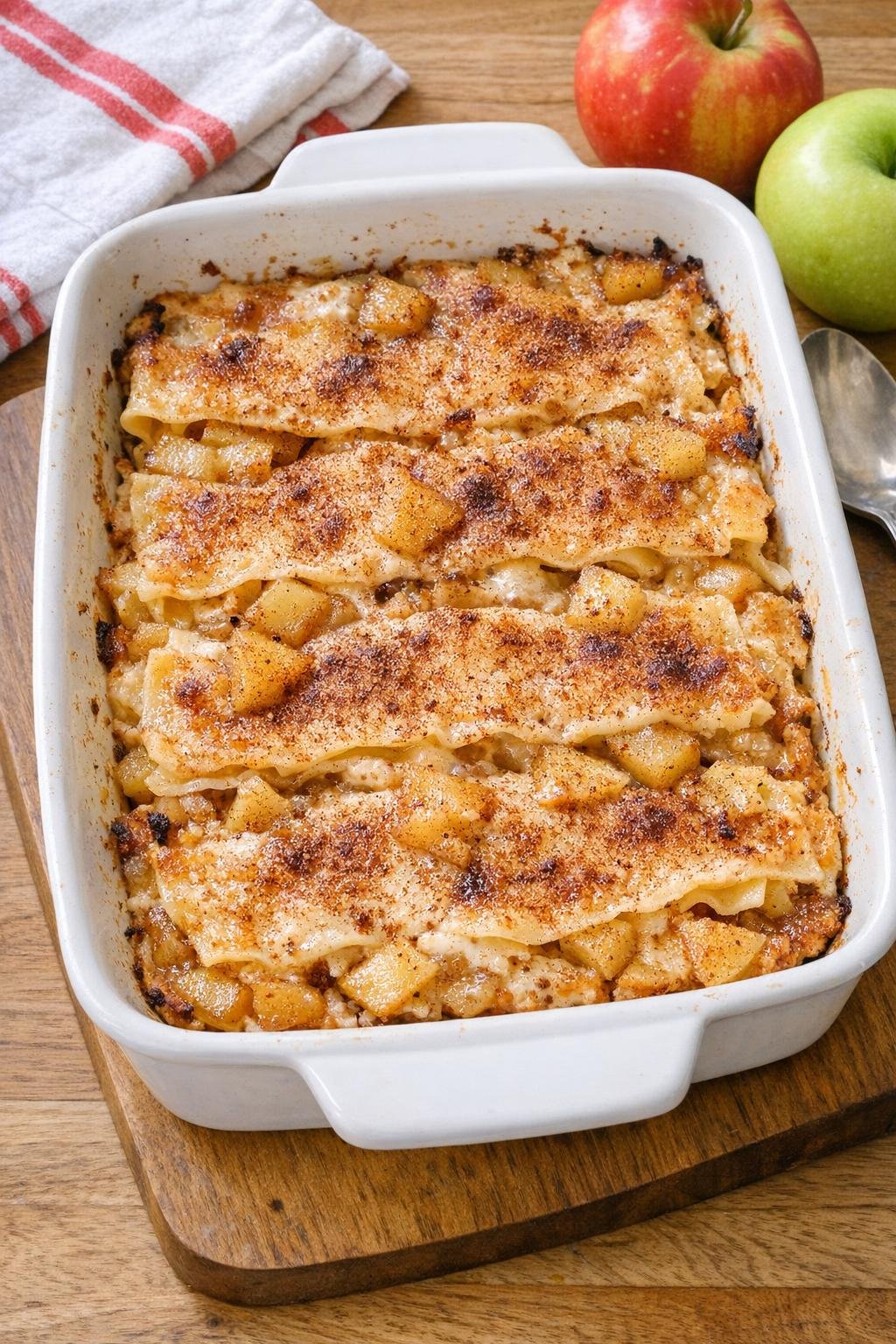Finished baked apple cinnamon lasagna dessert in a ceramic casserole dish