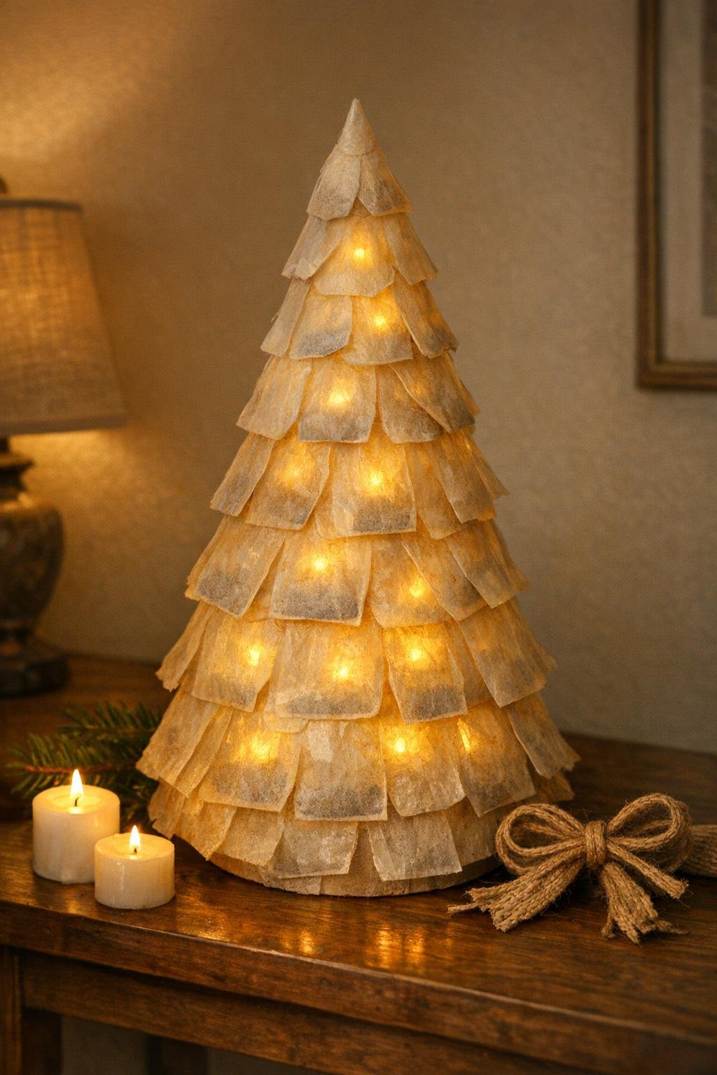 A glowing tree made from waxed used tea bags displayed on a cozy table