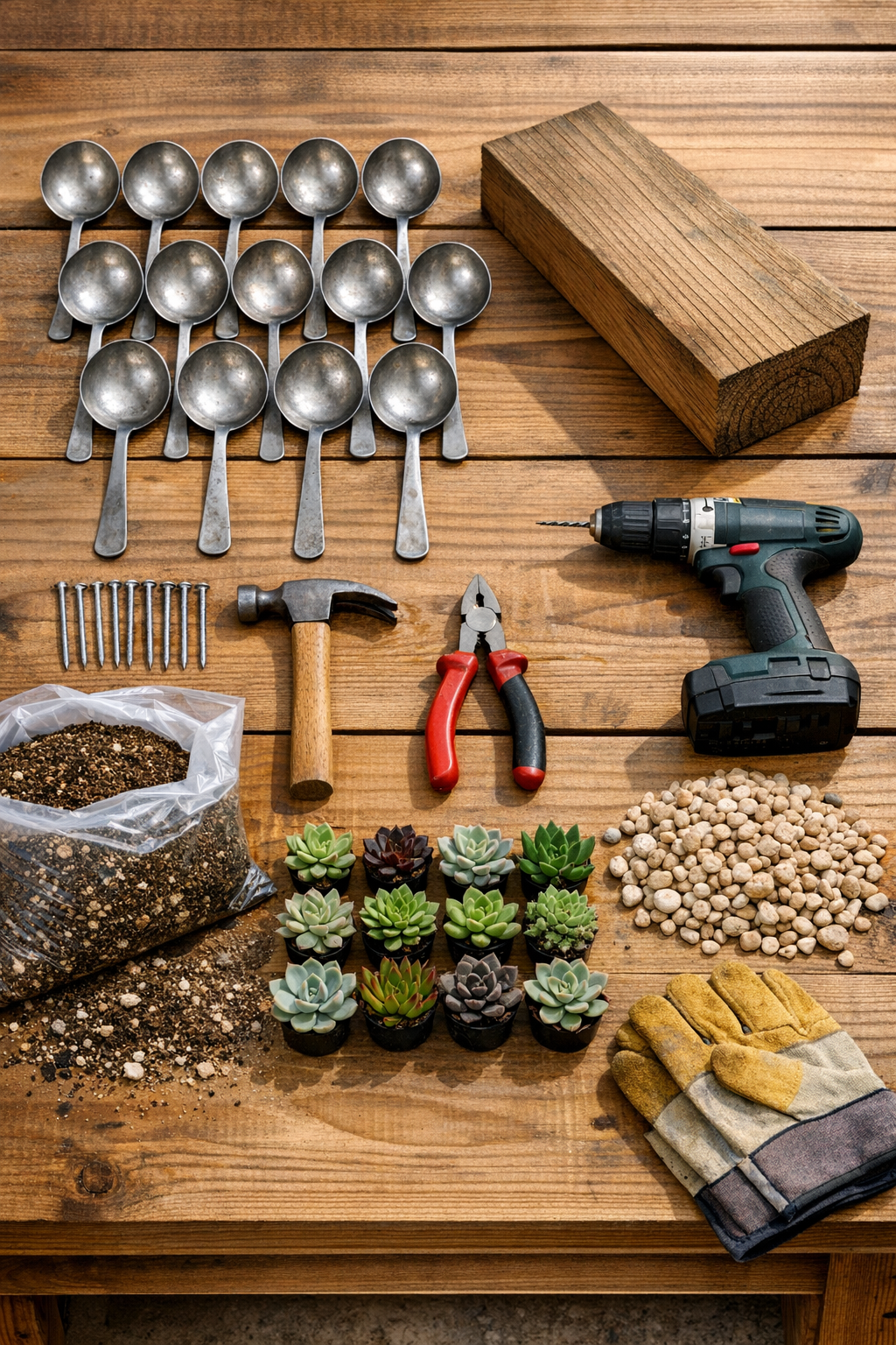 Materials for rustic ladle succulent planters laid out on a work surface