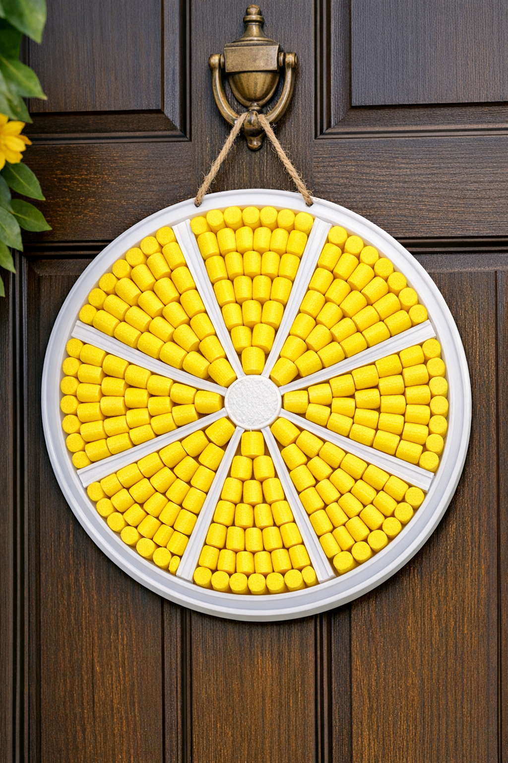 Finished giant lemon slice front door hanger made from yellow foam hair rollers on a white tray