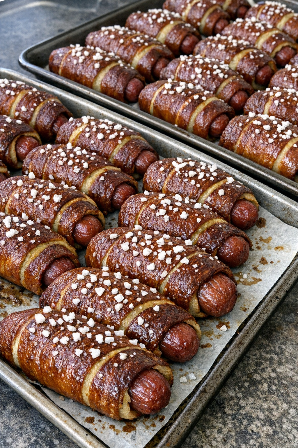 Finished beef pretzel dogs on baking sheets