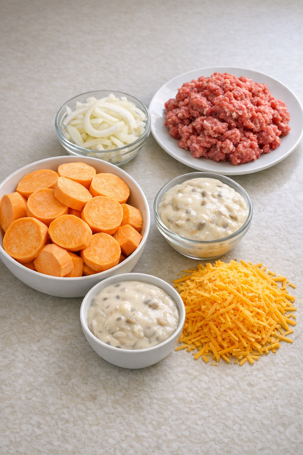 Sweet potatoes, ground beef, onion, soup, and cheddar arranged for the casserole